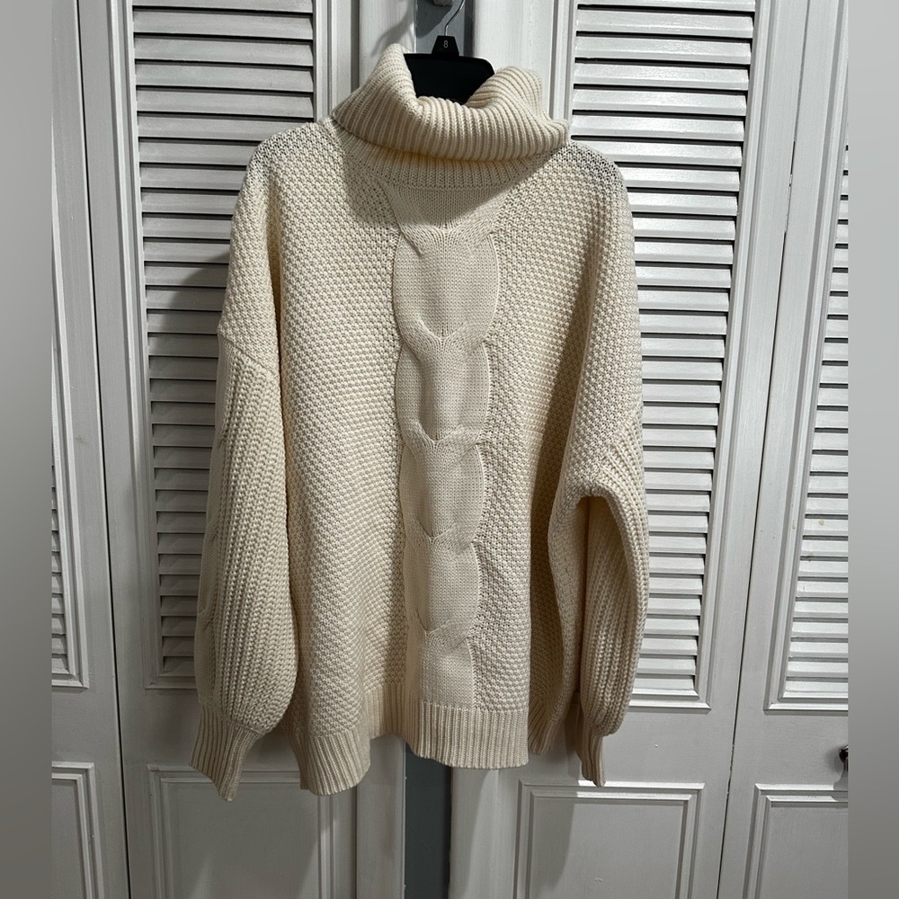 Zenana Outfitters Cream Cable Knit Turtleneck Sweater